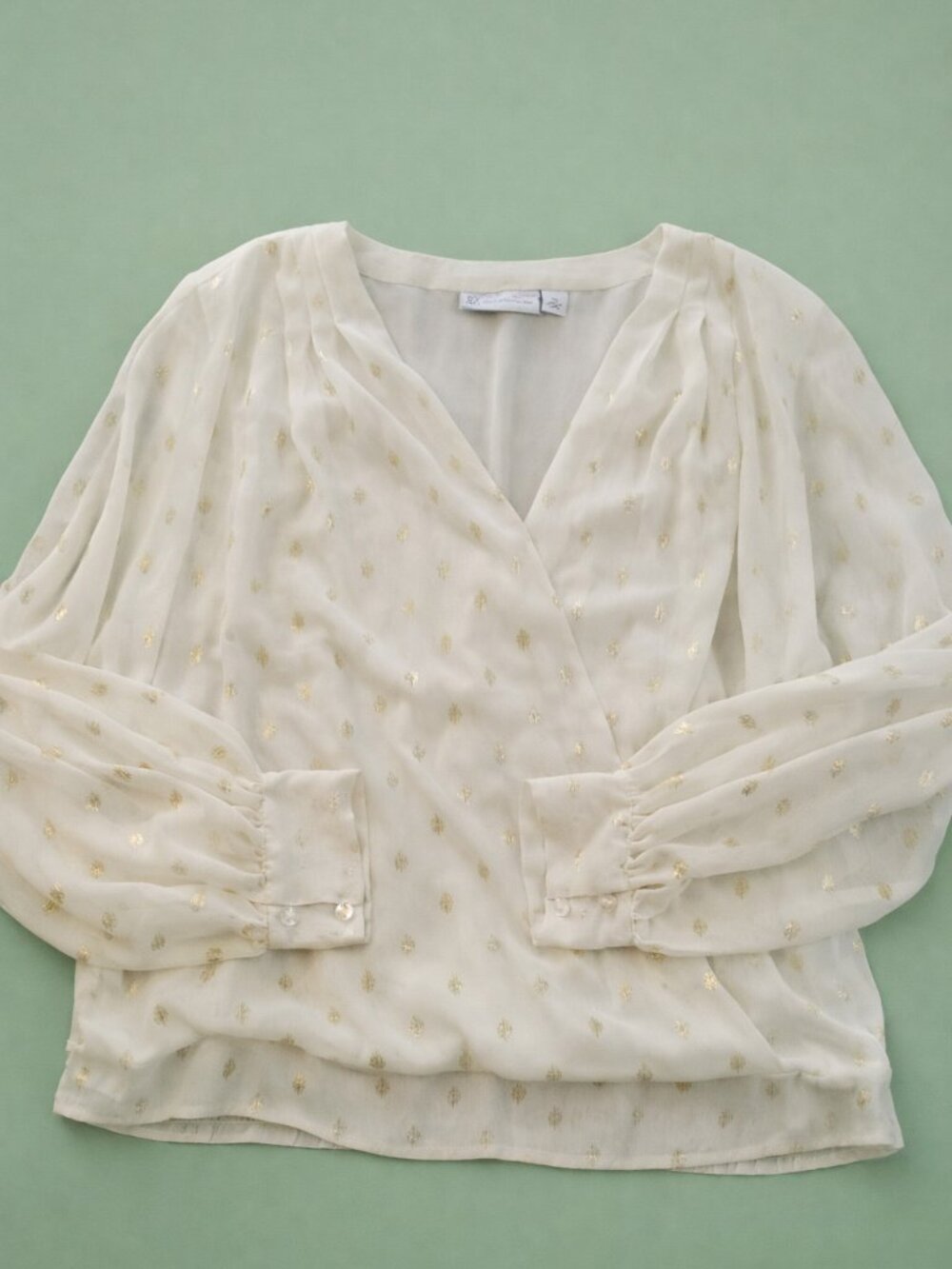 New York & Company Cream Chiffon Blouse with Gold Accents XL